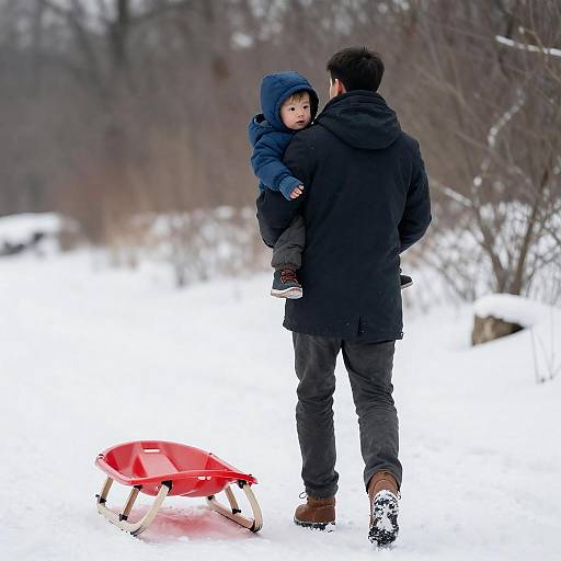 Man Carrying Child in Snowy Field