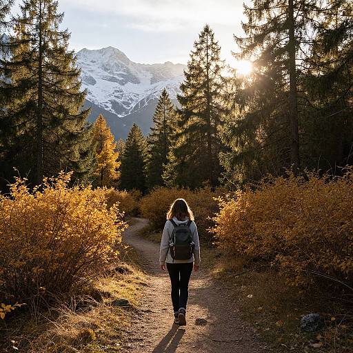 Photograph: Hiker with blonde hair, grey backpack, black pants, white hoodie walks a forest trail, sunlit snow-capped mountains in background