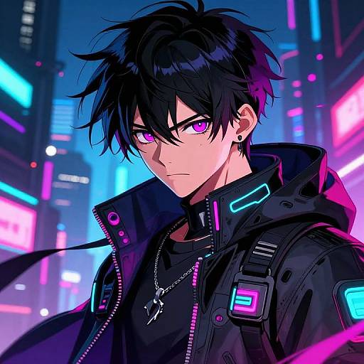Digital anime-style portrait of a serious, black-haired, purple-eyed young man in a neon-lit cyberpunk city, wearing a black jacket with glowing