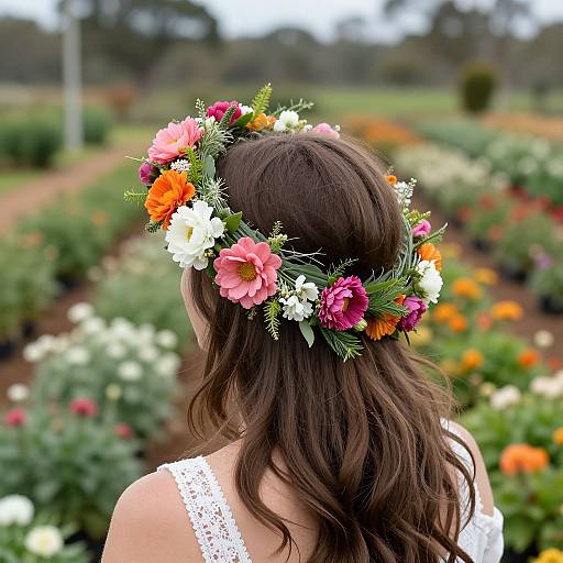 Photograph of a woman with wavy brown hair wearing a white lace top, adorned with a vibrant flower crown, standing in a lush, colorful garden