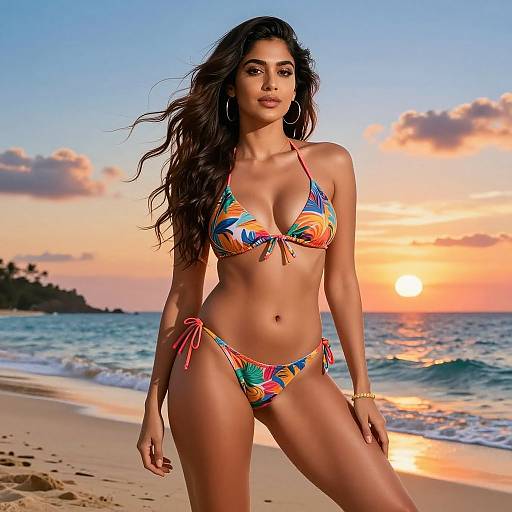 Photograph of a beautiful, tanned woman with long, wavy brown hair in a colorful, tropical-patterned bikini, standing on a sandy beach