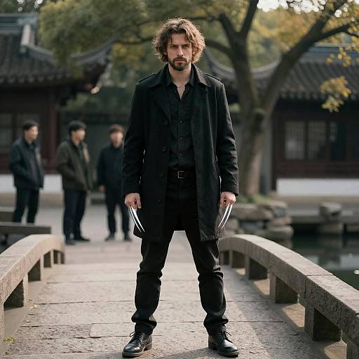 Man with Silver Claws on Stone Bridge