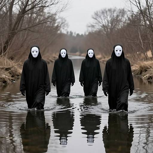 Photograph of four white-masked, black-robed figures walking through a shallow, reflective creek in a barren, leafless forest path.
