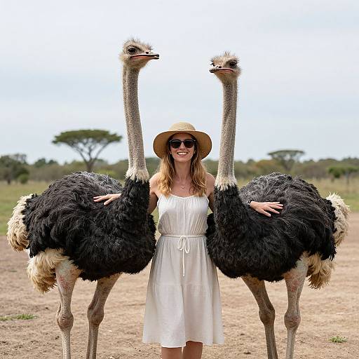 Photograph of a smiling woman in a white dress and sunhat, standing between two tall, black-feathered ostriches in an open,
