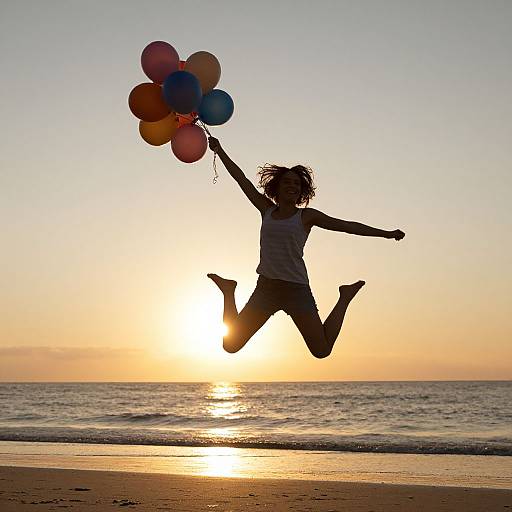 Silhouette of a girl jumping on beach at sunset, holding colorful balloons, ocean and sun in background, photograph.