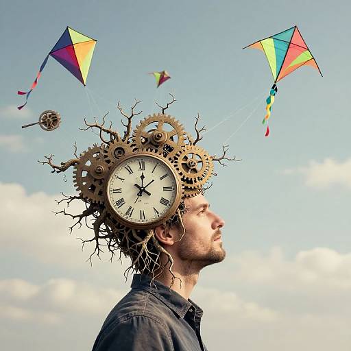 Photograph of a man with a clock and gear-filled head, looking up at colorful kites flying against a blue sky.
