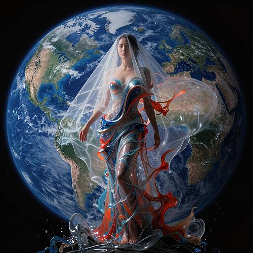Digital art of a fair-skinned woman with flowing transparent veil and red-blue dress, standing on Earth, surrounded by cosmic energy.