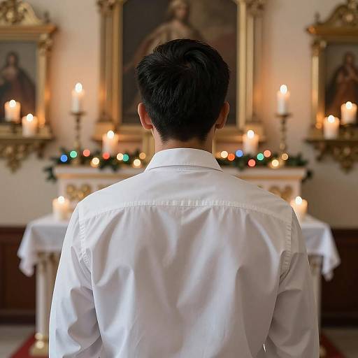 Contemplative Man at Colorful Altar