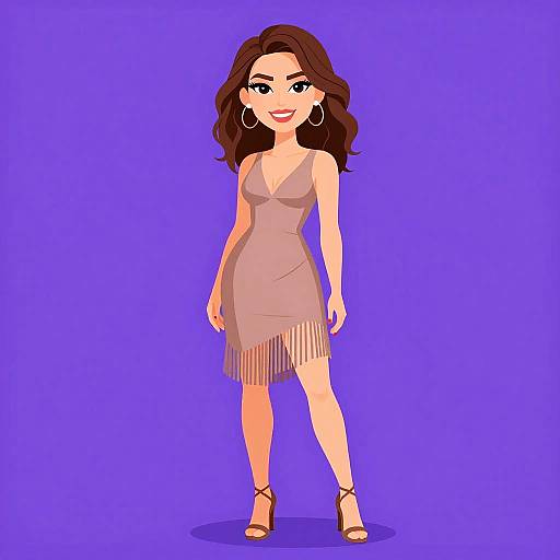 Digital cartoon of a confident woman with wavy brown hair, wearing a beige fringed dress, hoop earrings, and brown heels, against a vibrant purple