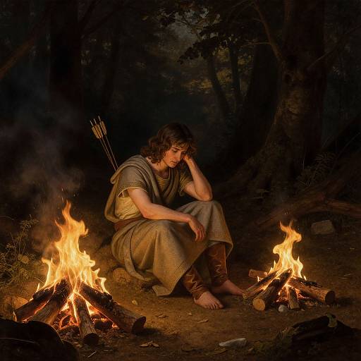 Photograph of a sorrowful, dark-haired woman in ancient Roman-style attire, sitting by a campfire in a dark forest, with a quiver