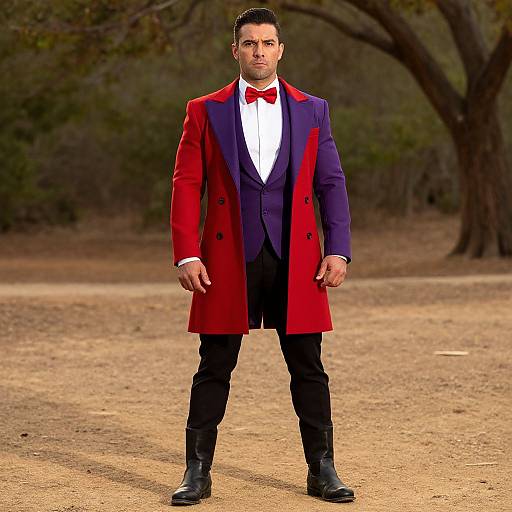 Photograph of a serious-looking man in a red and purple double-breasted coat, white shirt, red bow tie, black pants, and boots,