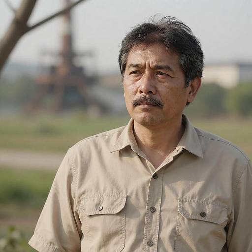 Contemplative Man Amidst Industrial Backdrop