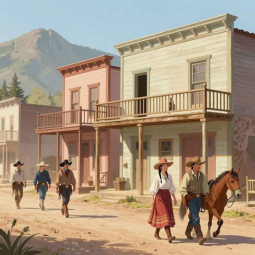 Digital illustration of a Western town: four cowboys in hats and boots walk past pink and white wooden buildings with balconies, and a mountain in the