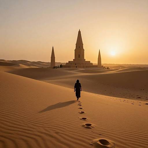 Silhouetted figure walking in vast, rippled desert towards three tall, sunlit towers at sunset. Warm, golden light casts long shadows.