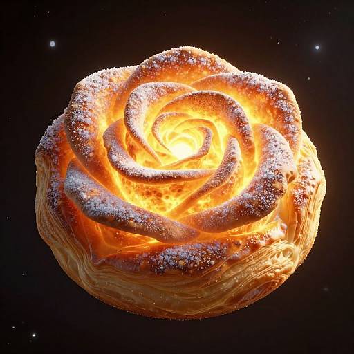 Glowing, fiery rose-shaped pastry with snow-like frosting, floating in a starry, black space. Digital artwork with vibrant, warm colors.