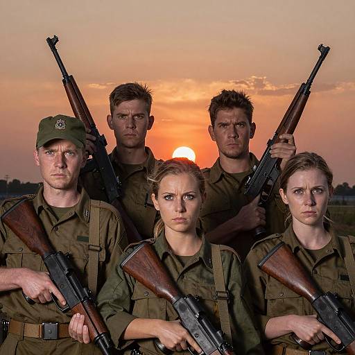 Intense Portrait of Armed Group at Sunset