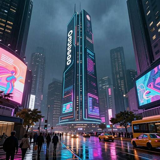 Neon-lit, rainy urban scene of a towering, illuminated skyscraper in a bustling city, surrounded by glowing billboards and yellow taxis.