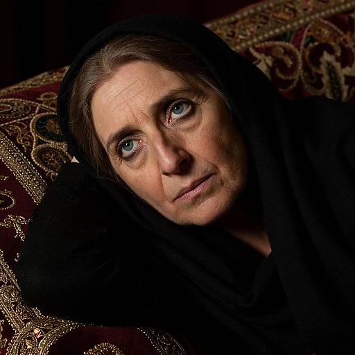 Close-up photograph of a middle-aged woman with blue eyes, wearing a black headscarf, lying on a patterned, dark red and gold carpet