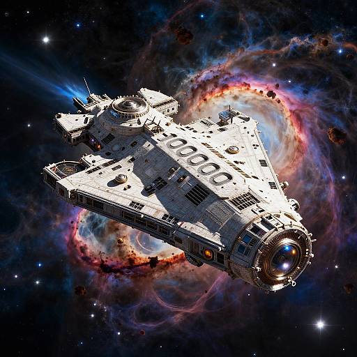 Massive Spaceship Orbiting Colorful Nebula