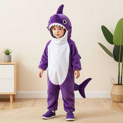Photograph of a young child in a purple shark onesie with white chest, standing in a bright room with potted plant and wooden floor.