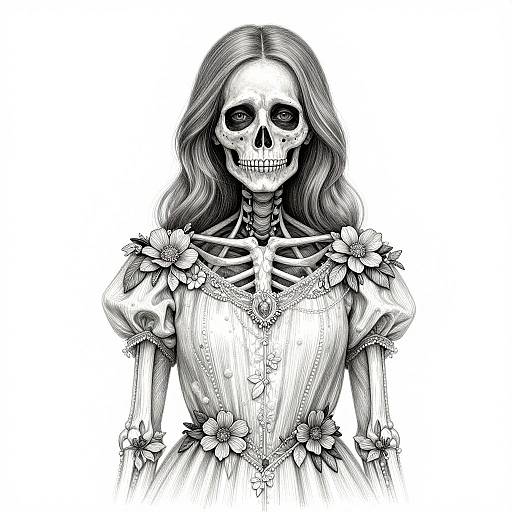 Black-and-white digital drawing of a skeletal woman with long, wavy hair, wearing a detailed, flower-adorned dress, exposing her ribc