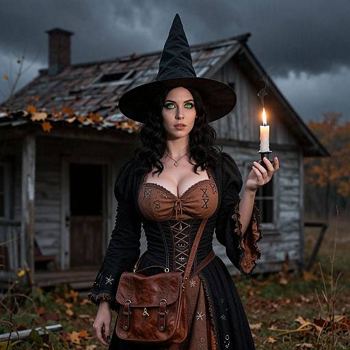Photograph of a green-eyed woman in a black witch hat and corset dress, holding a lit candle, standing in front of an old, weather