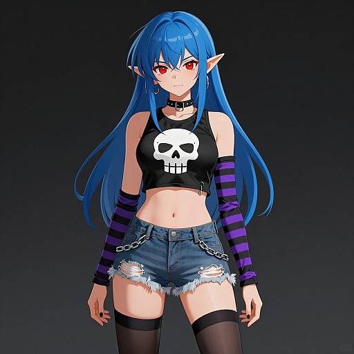Punk Anime Girl with Blue Hair and Skull Crop Top