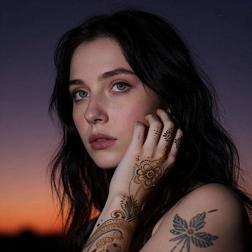 Photograph of a pale-skinned woman with long black hair, blue eyes, hennaed hand, and a marijuana leaf tattoo, against a twilight