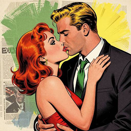 Digital pop art of a red-haired woman in a red dress kissing a blond man in a black suit and green tie. Background features green and yellow abstract