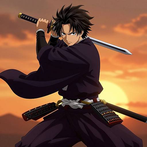 Anime-style drawing of a black-haired samurai with intense gaze, holding a sword over his shoulder, wearing a dark kimono, sunset background.