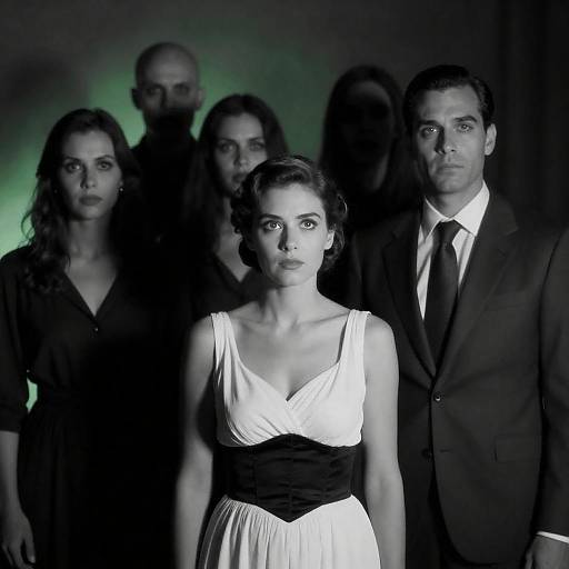 Monochrome Group with Woman in White Dress and Suit Man