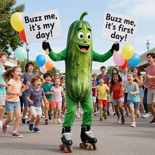 Photograph of a green watermelon costume character with a smiling face, roller skates, holding balloons, and signs reading 
