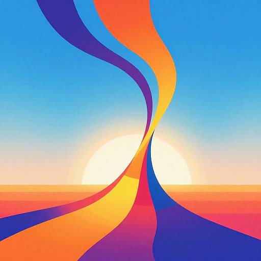 Abstract digital art: vibrant orange, red, and purple swirling curves converge at bright white sun against gradient blue to orange sky.