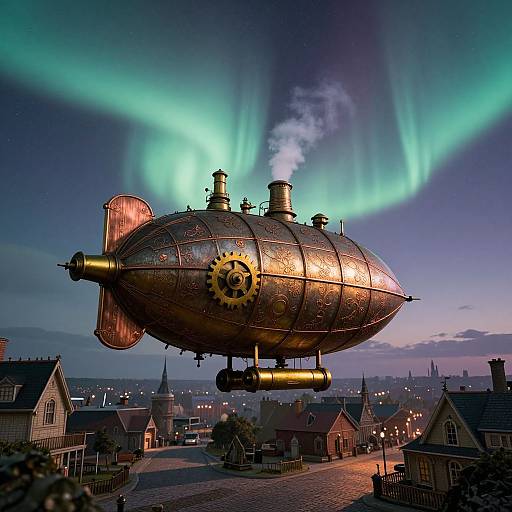 Photograph of a steampunk airship with glowing gears, hovering above a quaint village under vibrant green auroras at dusk.