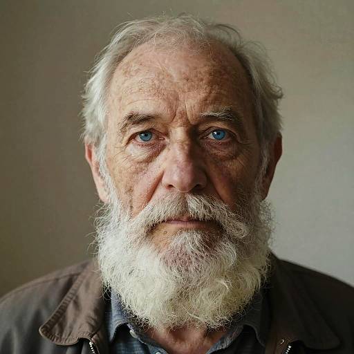 Close-up photograph of an elderly man with a white beard, blue eyes, wearing a brown jacket, and a neutral background.