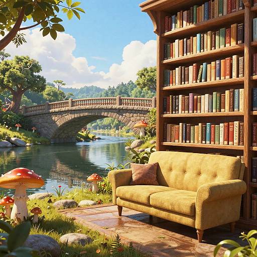 Outdoor Library by River with Sofa and Bridge