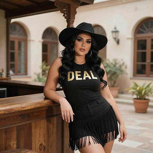 Photograph of a curvy woman with long black hair, wearing a black cowboy hat, sleeveless 