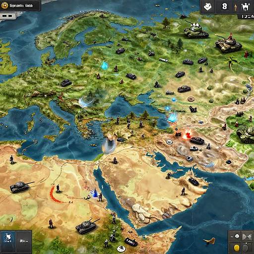 Digital map of Europe and North Africa in a strategy game, showing various military units, blue markers, and a red arrow.