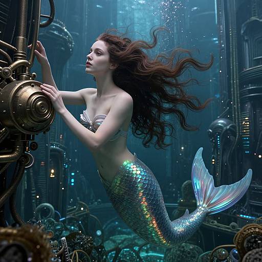 Digital artwork of a mermaid with long, flowing brown hair, shimmering green and blue scales, and a white seashell bra, floating in