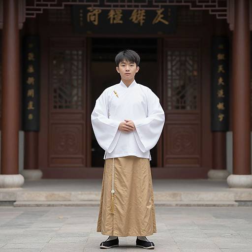 Photograph of an East Asian man in traditional white shawl and gold robe, standing in front of a Chinese temple with wooden doors and red columns.