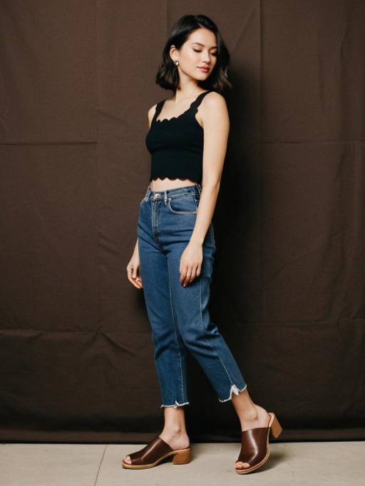 Casual Chic Woman in Black Crop Top and Blue Jeans