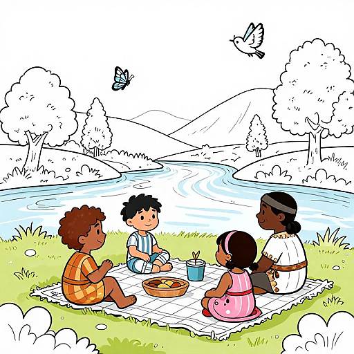Cartoon illustration of four children having a picnic on a grassy riverside, with trees, hills, and butterflies in the background.