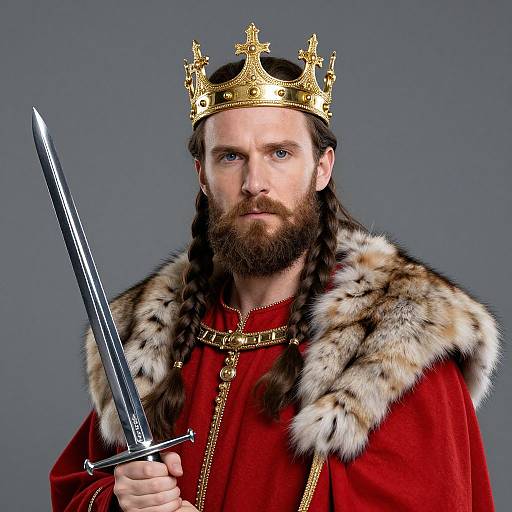 Photograph of a bearded king with blue eyes, wearing a gold crown, red velvet robe with fur trim, holding a silver sword. Gray background