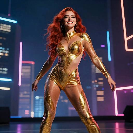 Overhead Crimson Dancer in Gold Catsuit