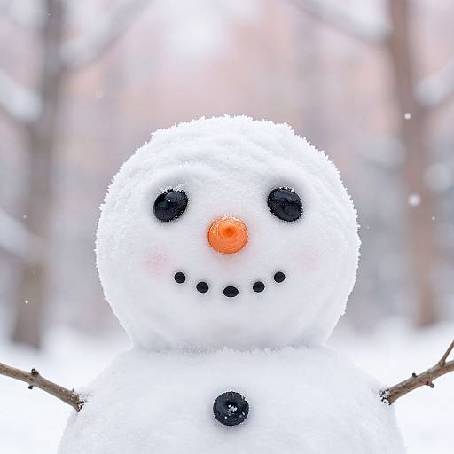 Photograph of a cheerful snowman with a bright orange carrot nose, black coal eyes and dots for a mouth, and a black button on its snow