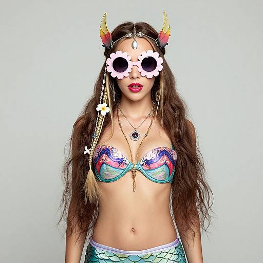 Photograph of a woman with long brown hair, wearing a colorful floral bikini top, horn headpiece, flower face mask, and gold jewelry, against