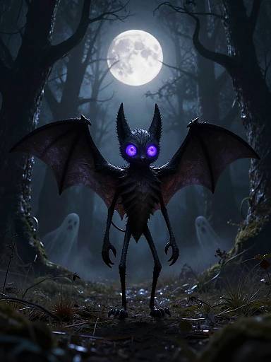Digital artwork of a bat-like creature with glowing purple eyes and dark wings standing in a moonlit, foggy forest, with ghostly figures in the