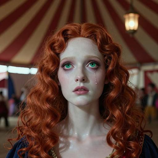 Photograph of a pale-skinned, red-haired woman with green eyes, crying tears, in front of a red and white striped circus tent, wearing