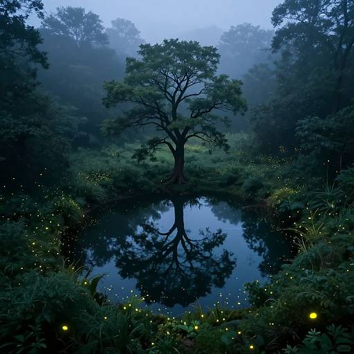 Misty forest at dusk with a lone tree reflected in a still pond, surrounded by glowing fireflies and dense greenery.