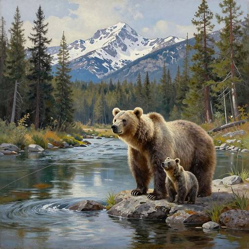 Bear and Cub Fishing in Wilderness